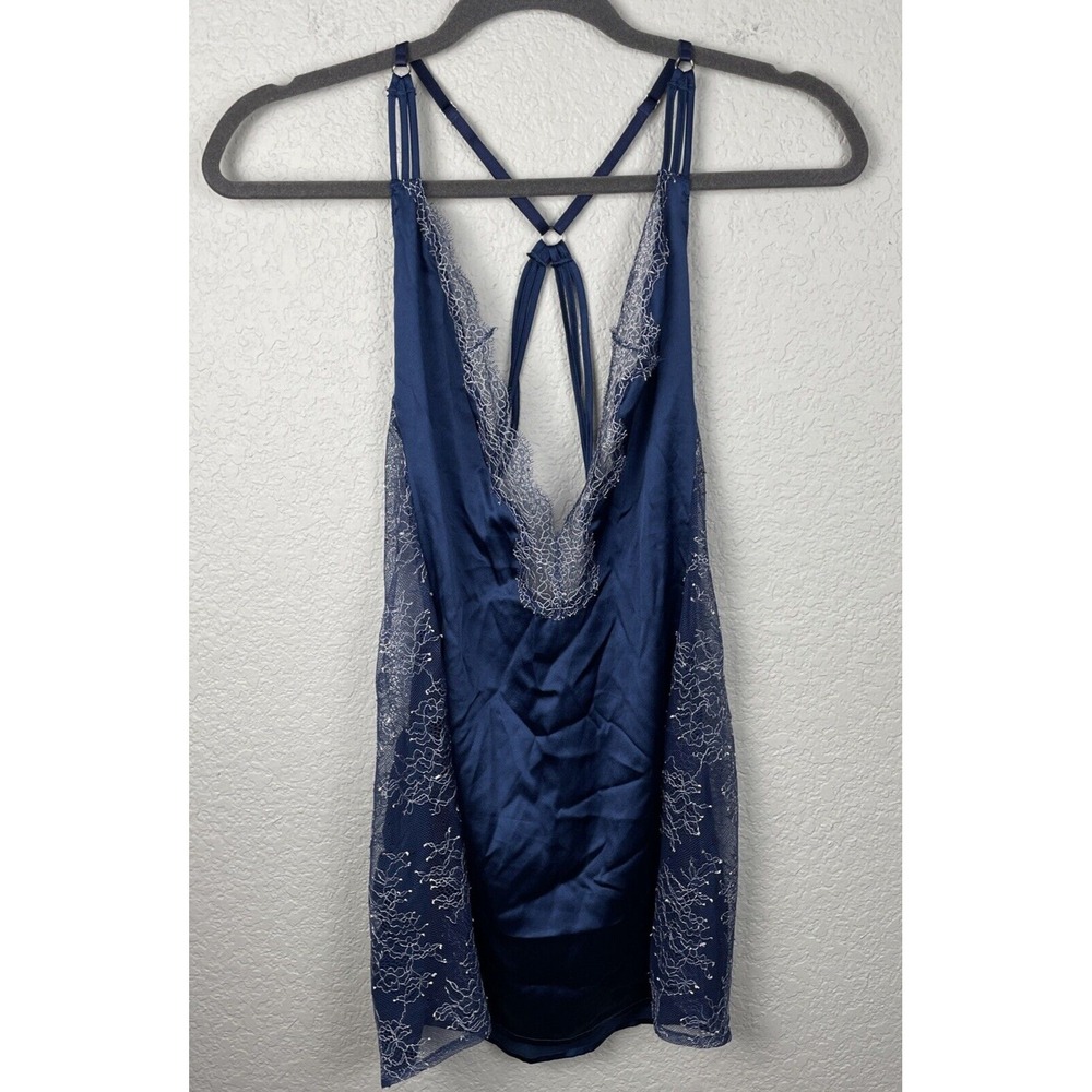 Victorias Secret Slip Dress Tunic Top Small Blue Floral Lace Vampy Whimsy Goth